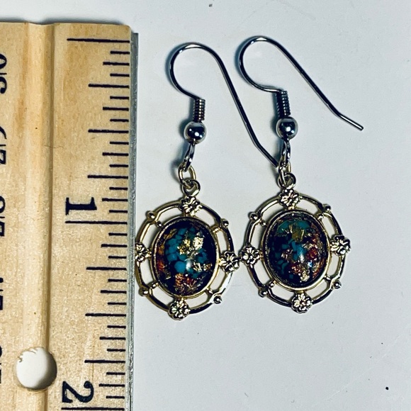 ✨ VTG, Rainbowflake Earrings Pierced Dangles Turquoise Gold Flakes - Picture 13 of 15